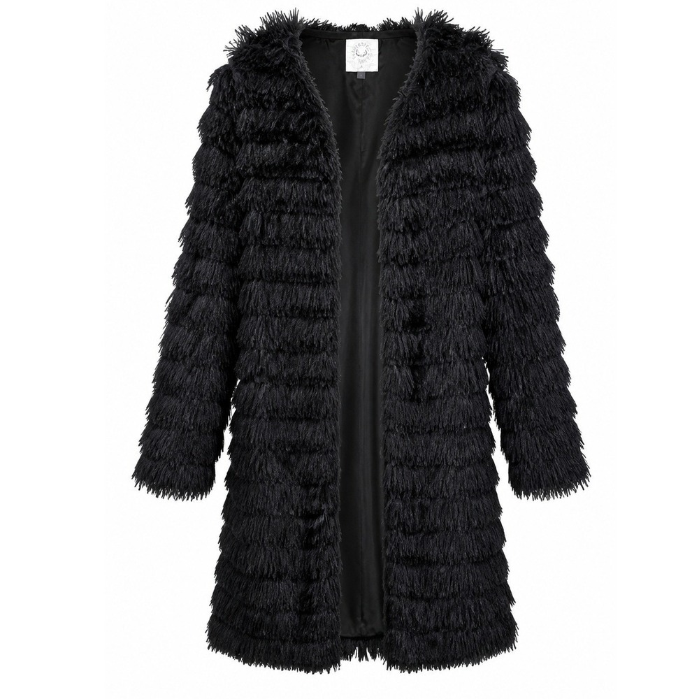 Fantastic Fawn Shaggy Tiered Fringe Jacket Womens Large Black Glam Goth Edgy